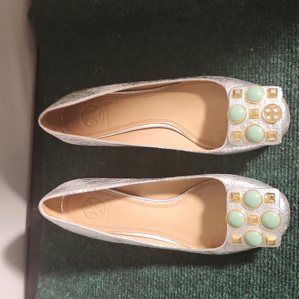 Tory Burch Silver Block Heel Shoes (missing gem) Size 6.5M